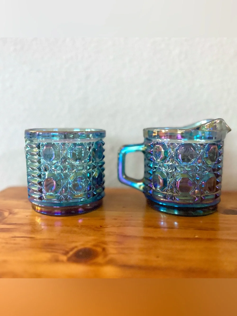 Indiana Glass Sugar & Creamer Set Windsor Design Carnival Glass Iridescent Blue